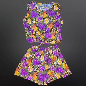 Vintage 80s Sleeveless Blouse Shorts Set Size M Bright Floral Waist tie Pockets